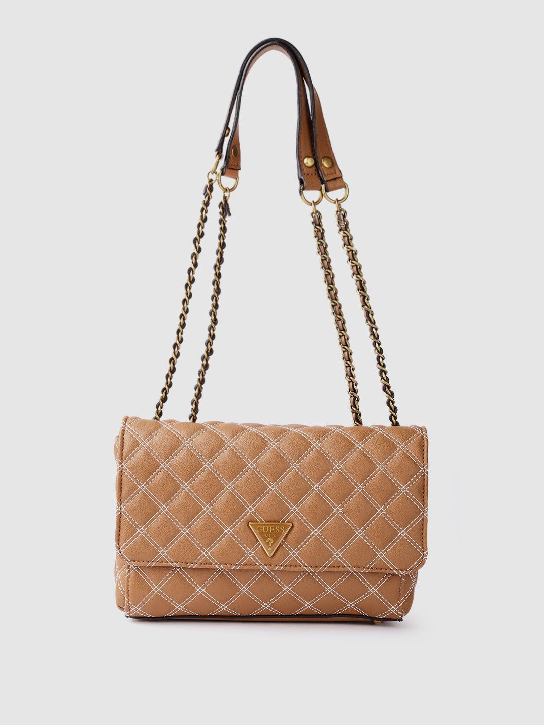 GUESS Tan Brown Quilted Structured Sling Bag Price in India