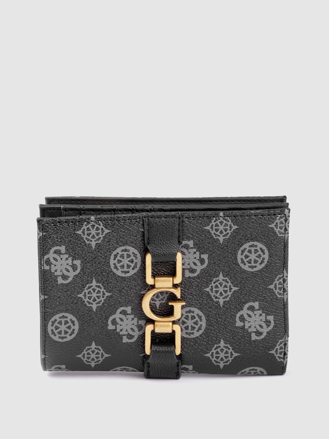 GUESS Women Black & Grey Brand Logo Printed Two Fold Wallet Price in India