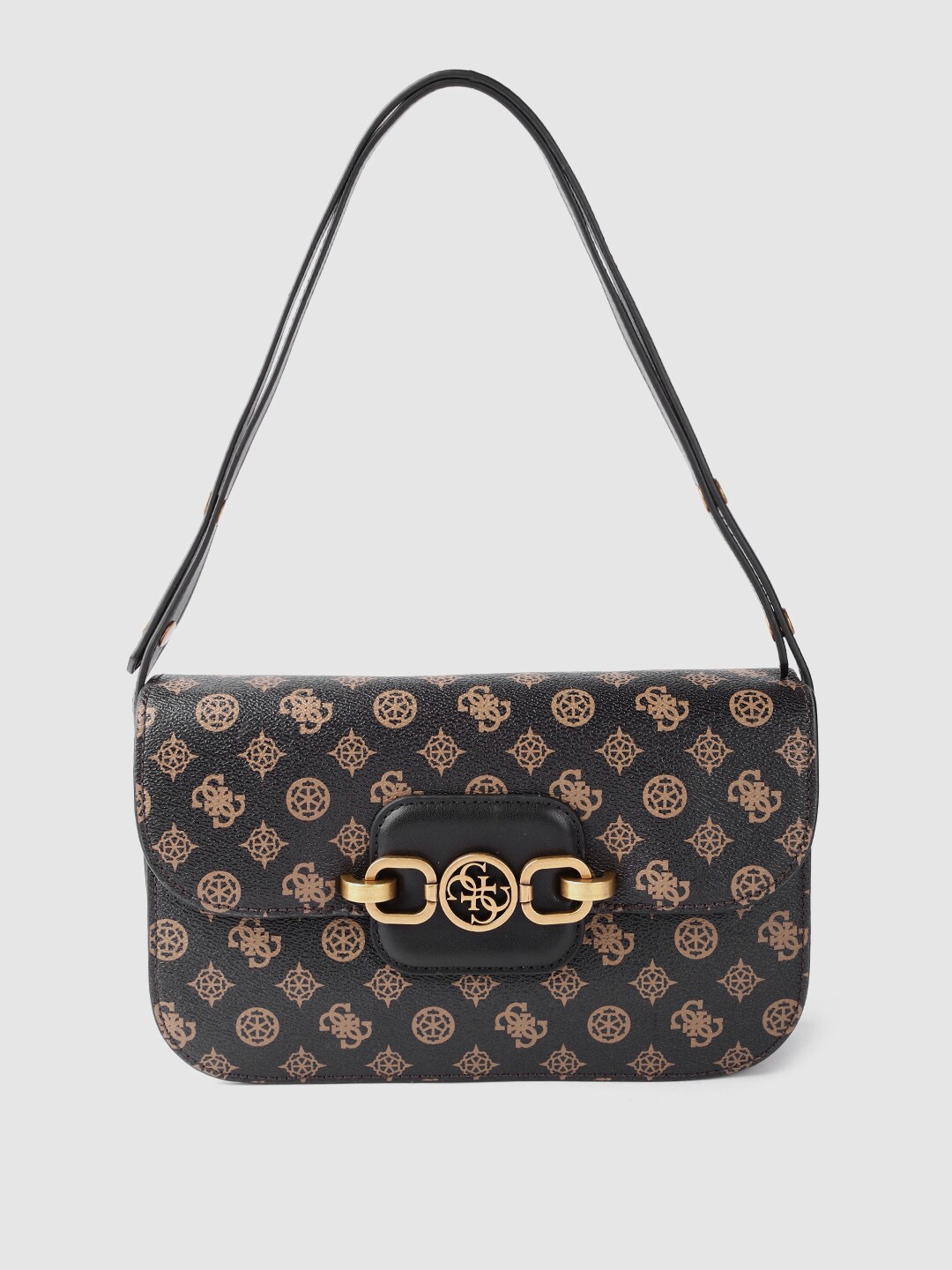 GUESS Women Coffee Brown & Beige Brand Logo Print Structured Shoulder Bag Price in India