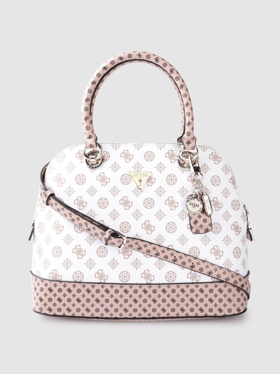 GUESS Women White & Peach-Coloured Brand Logo Print Structured Handheld Bag Price in India