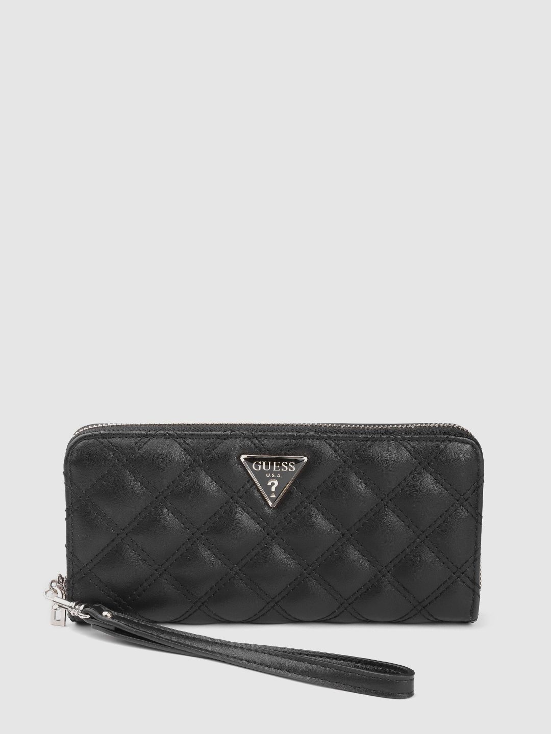 GUESS Women Black Quilted Zip Around Wallet Price in India