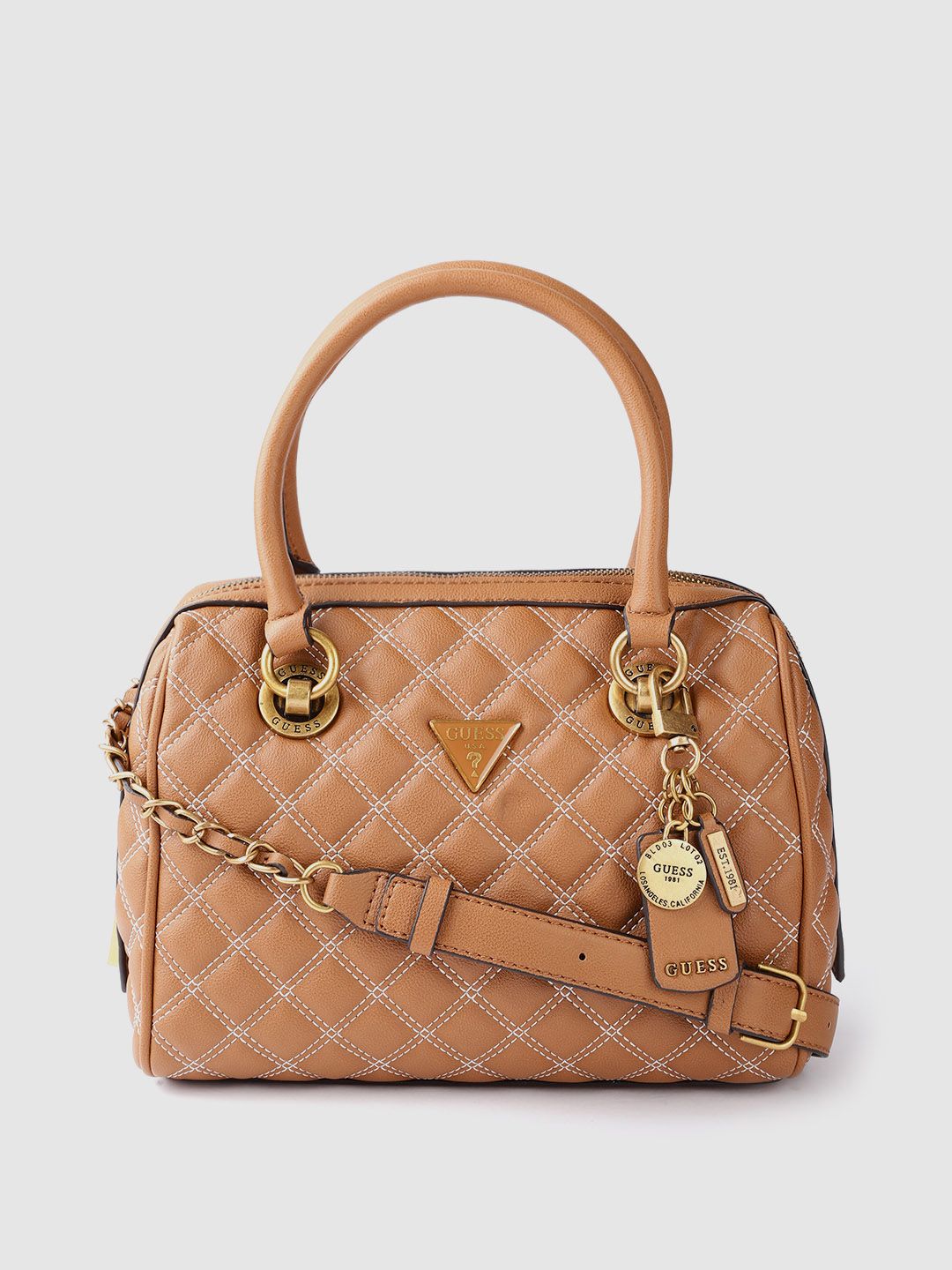 GUESS Women Tan Brown Quilted Structured Handheld Bag Price in India