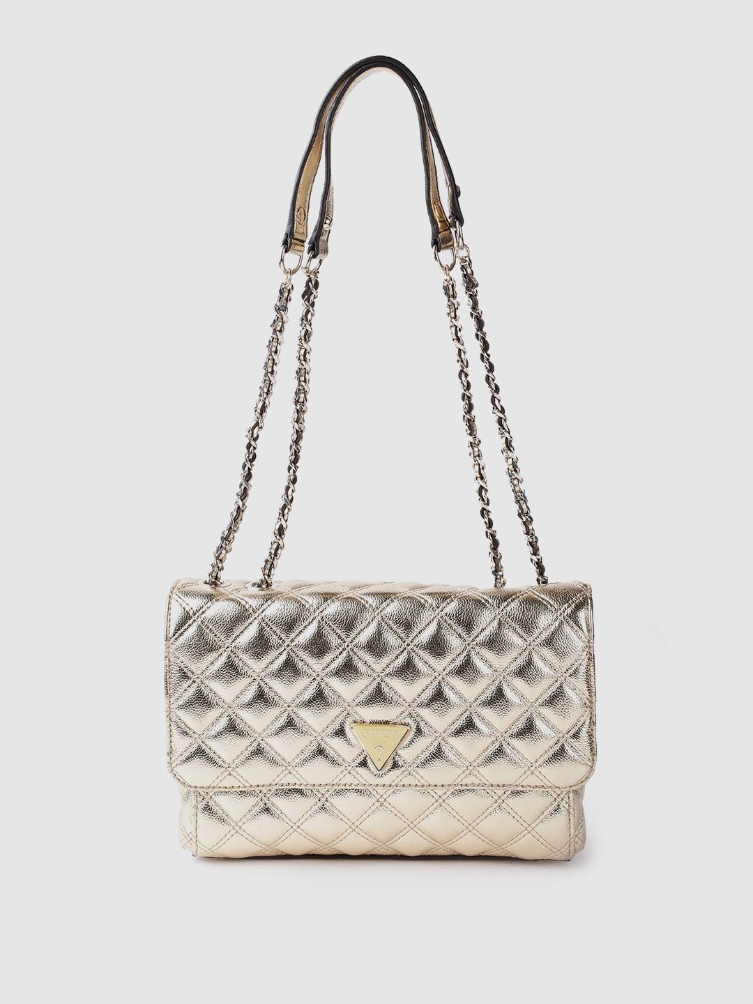 GUESS Women Gold-Toned Quilted Structured Shoulder Bag Price in India