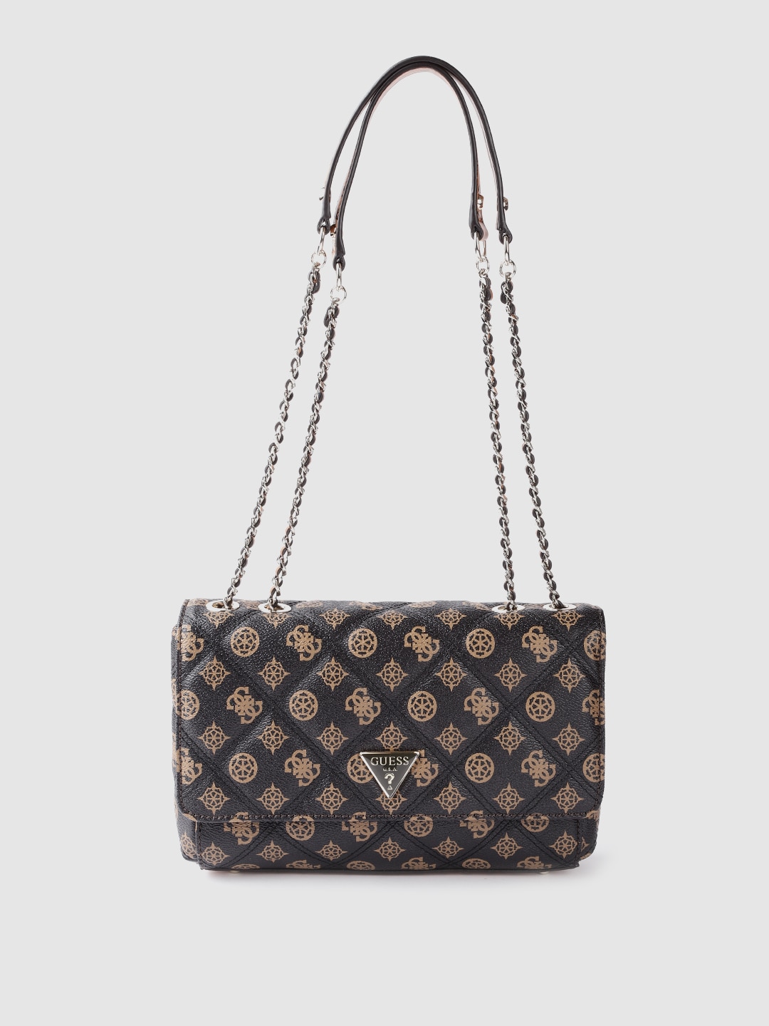 GUESS Brown Ethnic Motifs Printed Quilted Structured Shoulder Bag Price in India