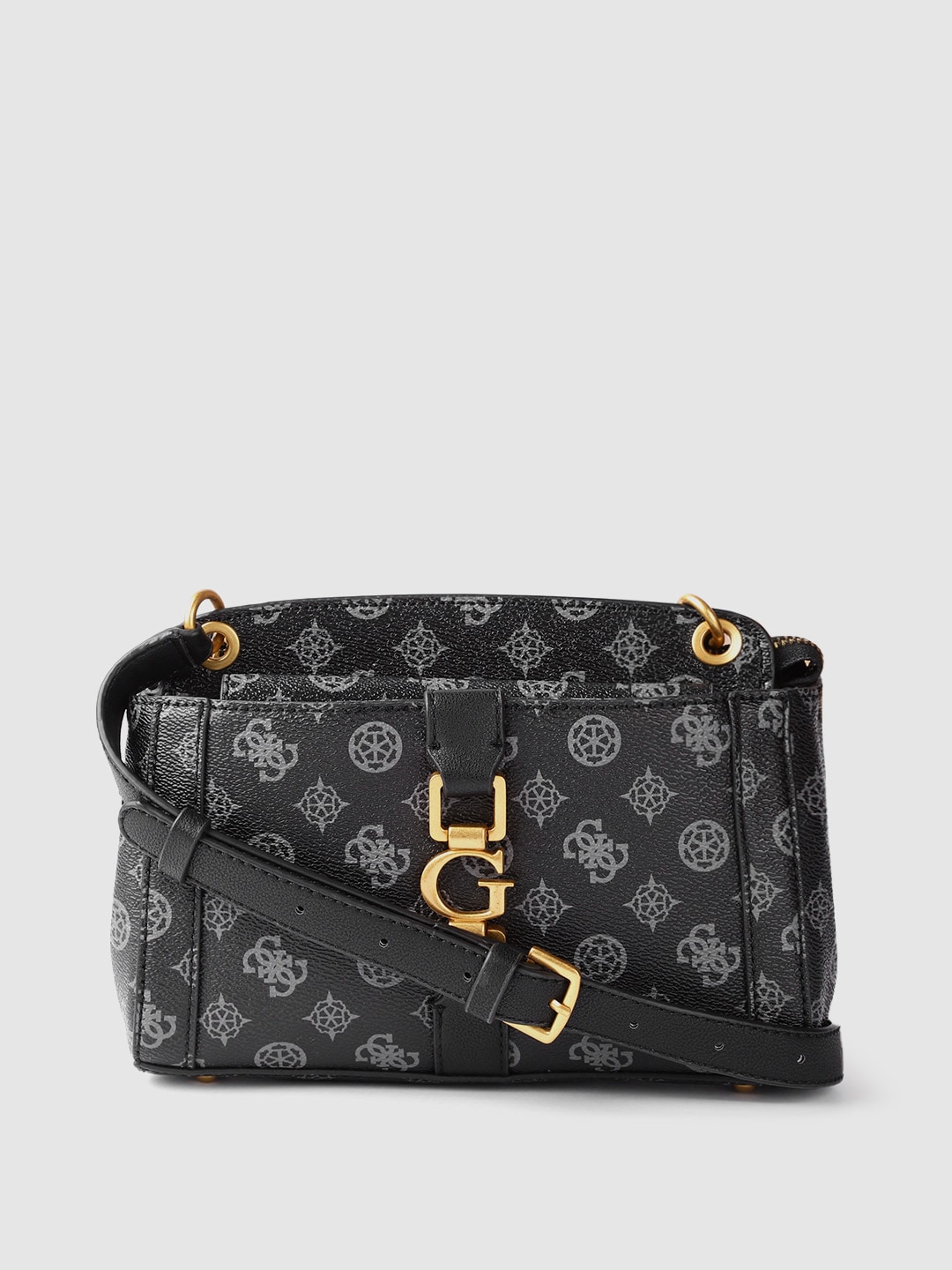 GUESS Women Black & Grey Brand Logo Printed Structured Sling Bag Price in India