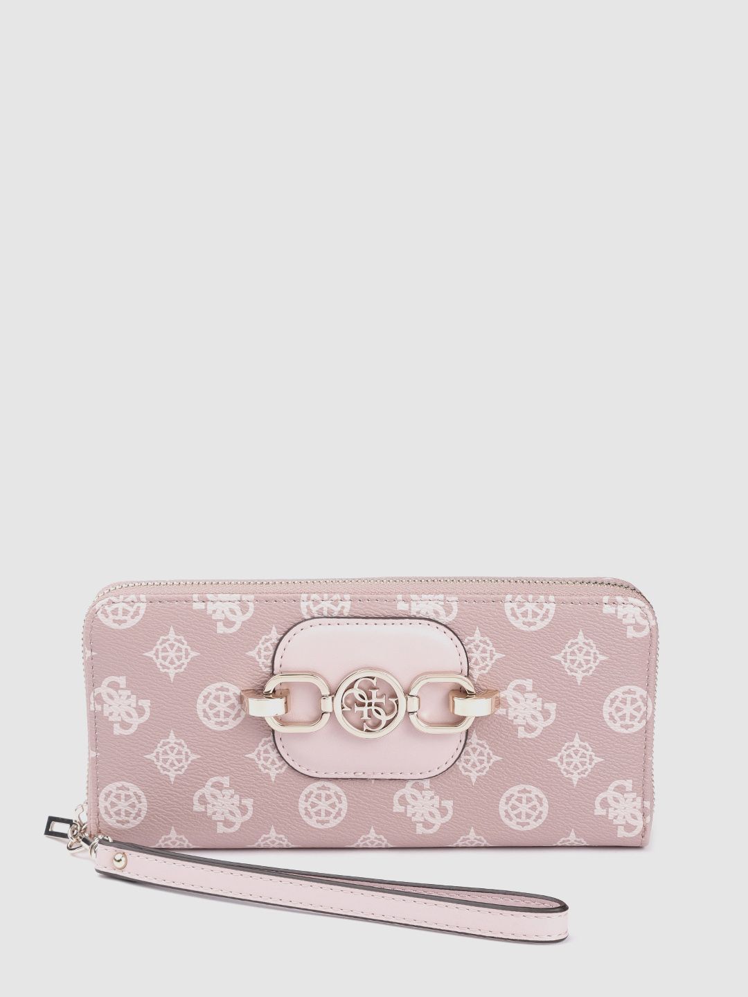 GUESS Women Peach-Coloured Brand Logo Print Zip Around Wallet Price in India