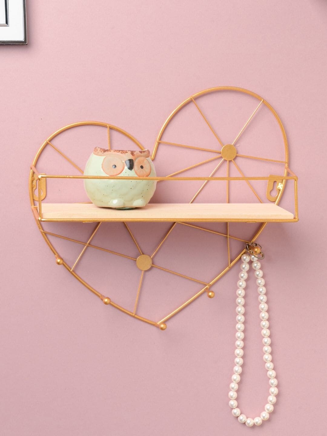 Nestasia Gold-Toned Metal Heart Wall Shelf with Keyholders Price in India