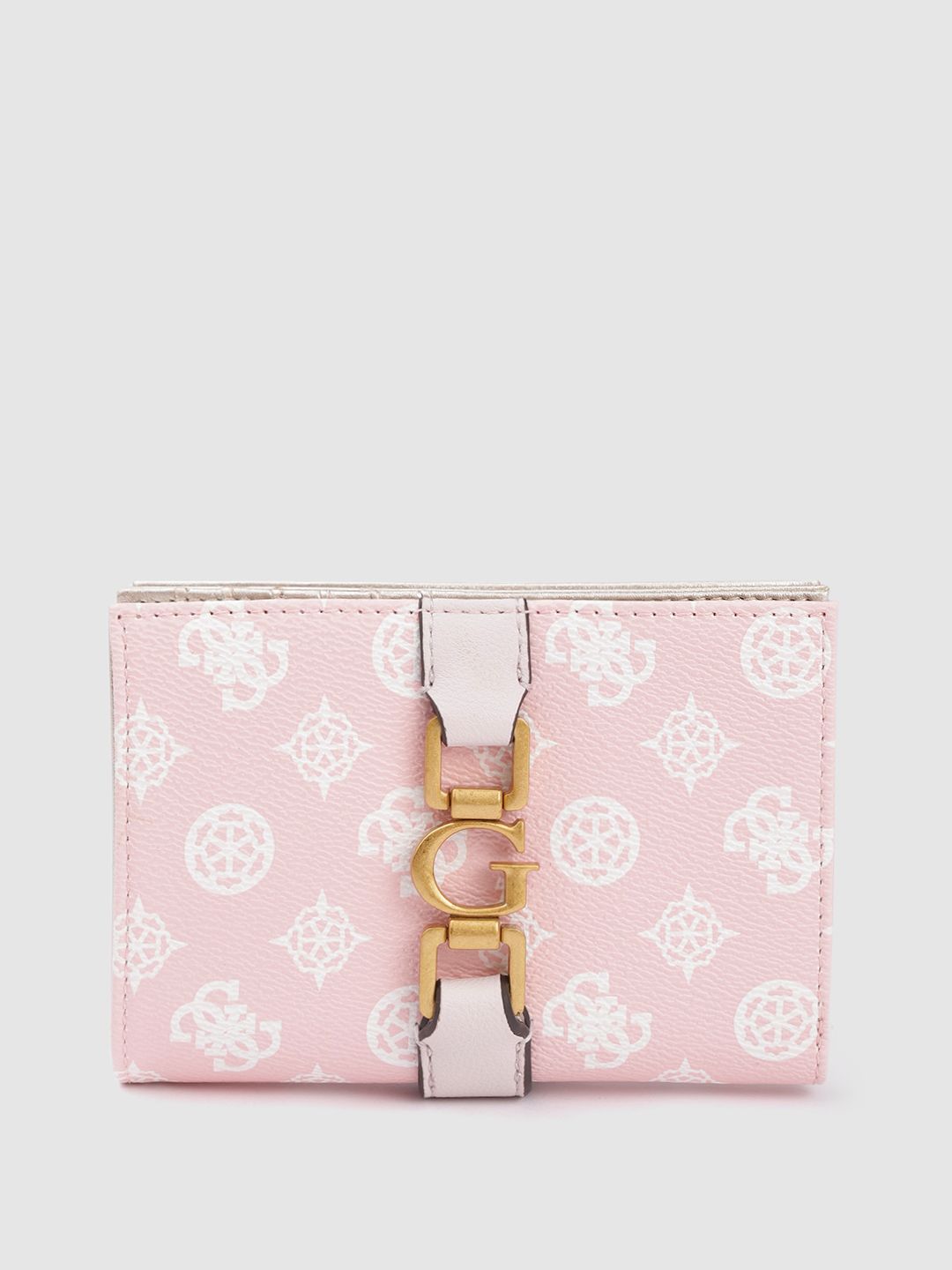 GUESS Women Peach-Coloured & White Brand Logo Printed Two Fold Wallet Price in India