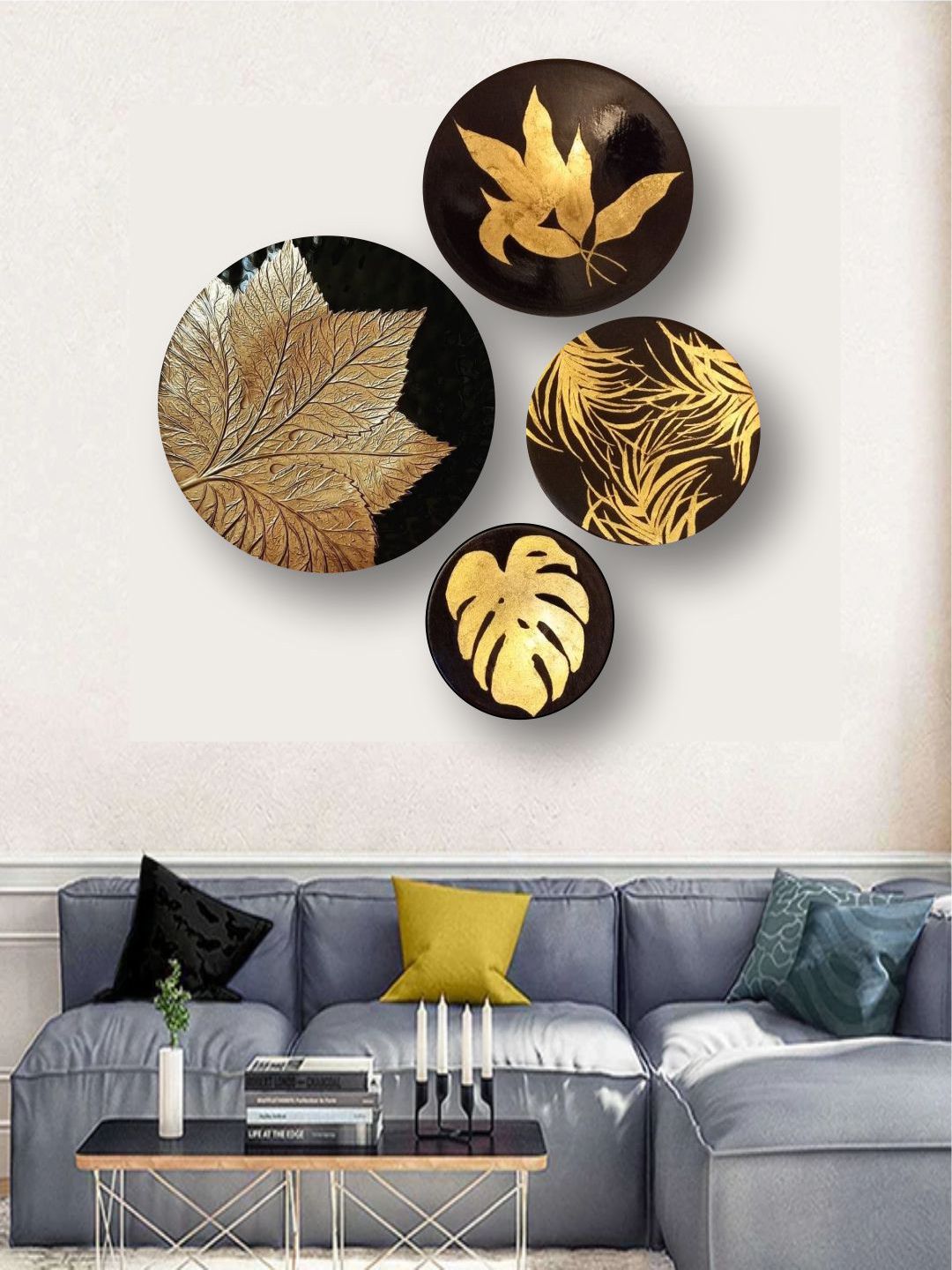 The Art House Set of 4 Black & Yellow Circular Abstract Painted Wall Art Price in India