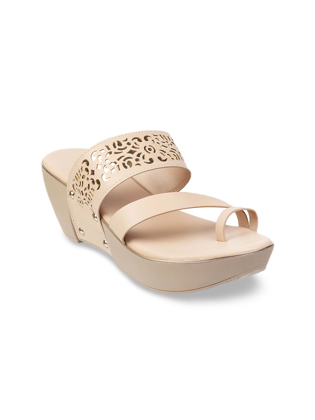 Metro Women Beige Wedge Sandals with Laser Cuts Price in India