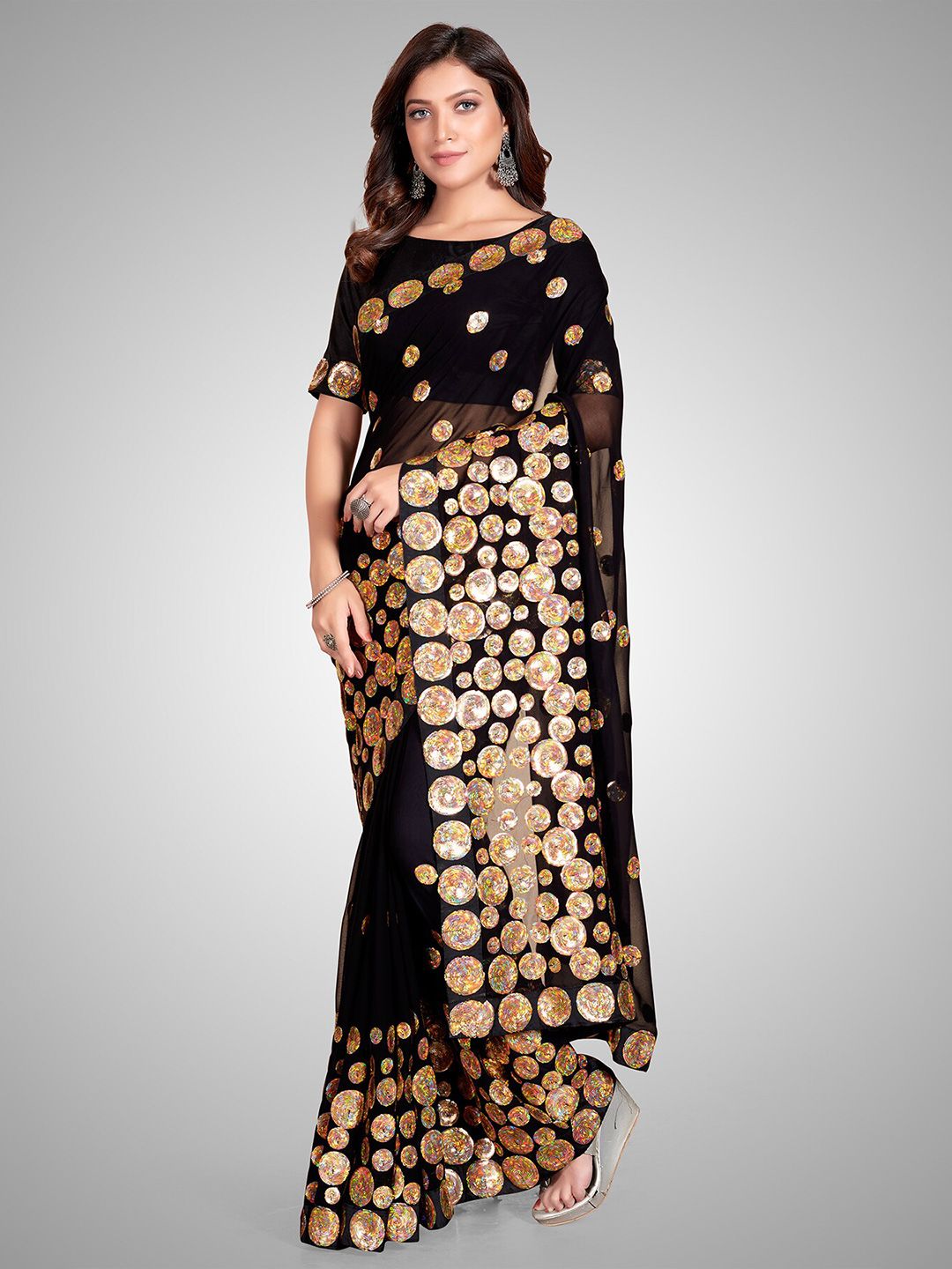 Granthva Fab Black Embellished Sequinned Pure Georgette Ready to Wear Saree Price in India