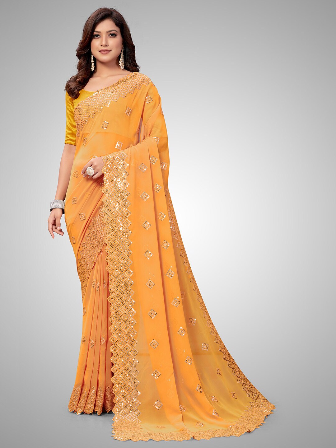 Granthva Fab Women Yellow & Gold-Toned Embellished Sequined Pure Georgette Saree Price in India