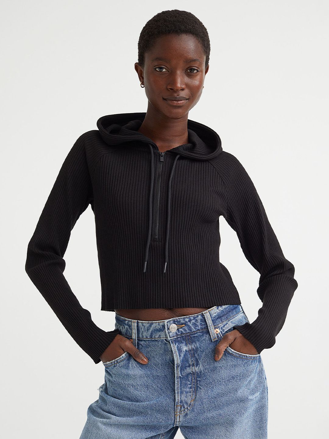 H&M Women Black Cropped Hoodie Price in India