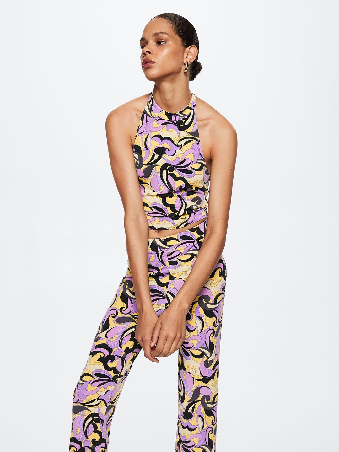 MANGO Lavender & Yellow Print Halter Neck Styled Back Top Price in India