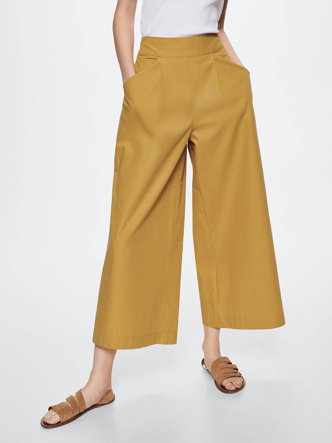 MANGO Women Mustard Yellow Pure Cotton High-Rise Trousers Price in India