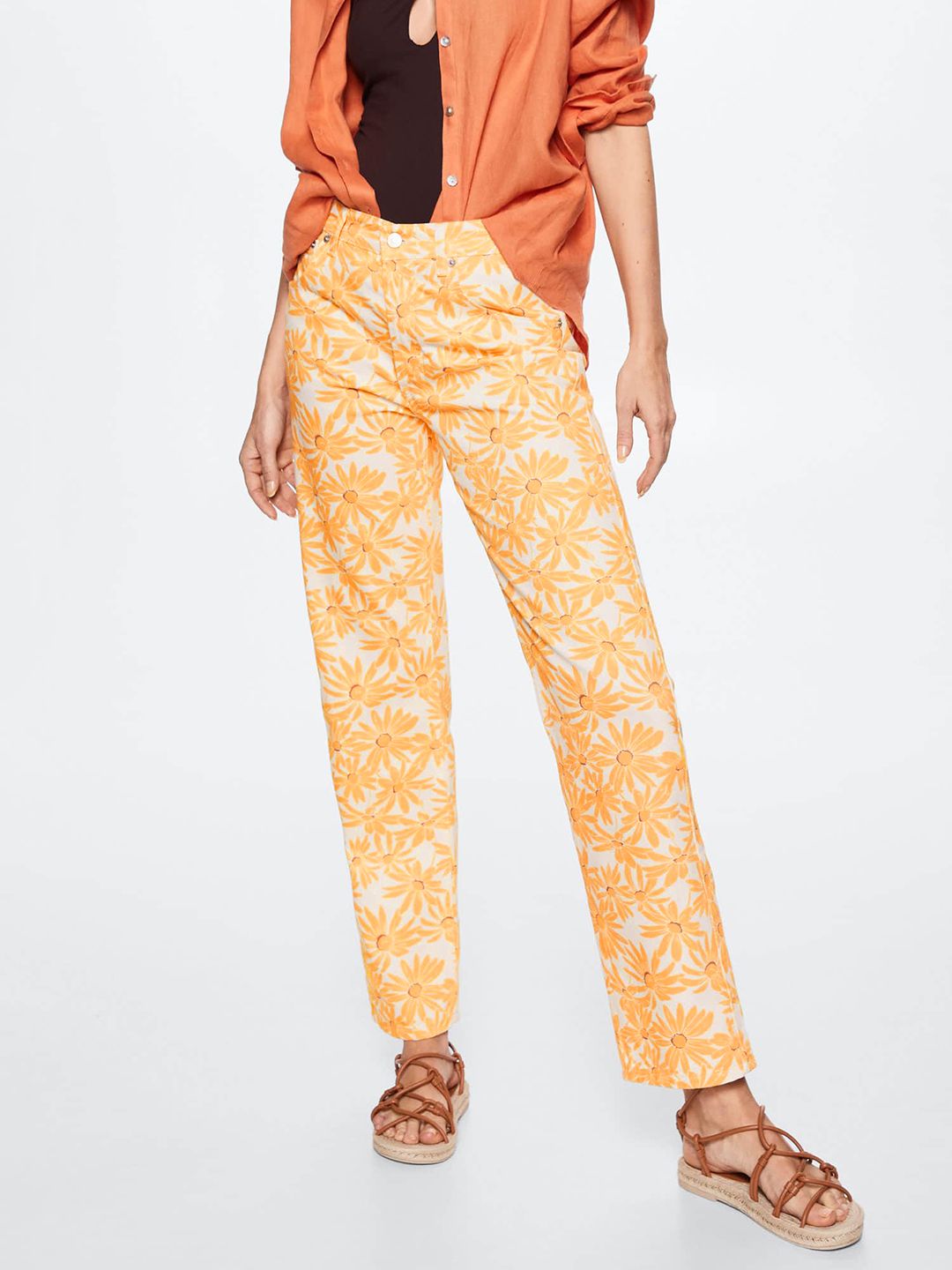 MANGO Women Off White & Yellow Pure Cotton Straight Fit Floral Printed Jeans Price in India