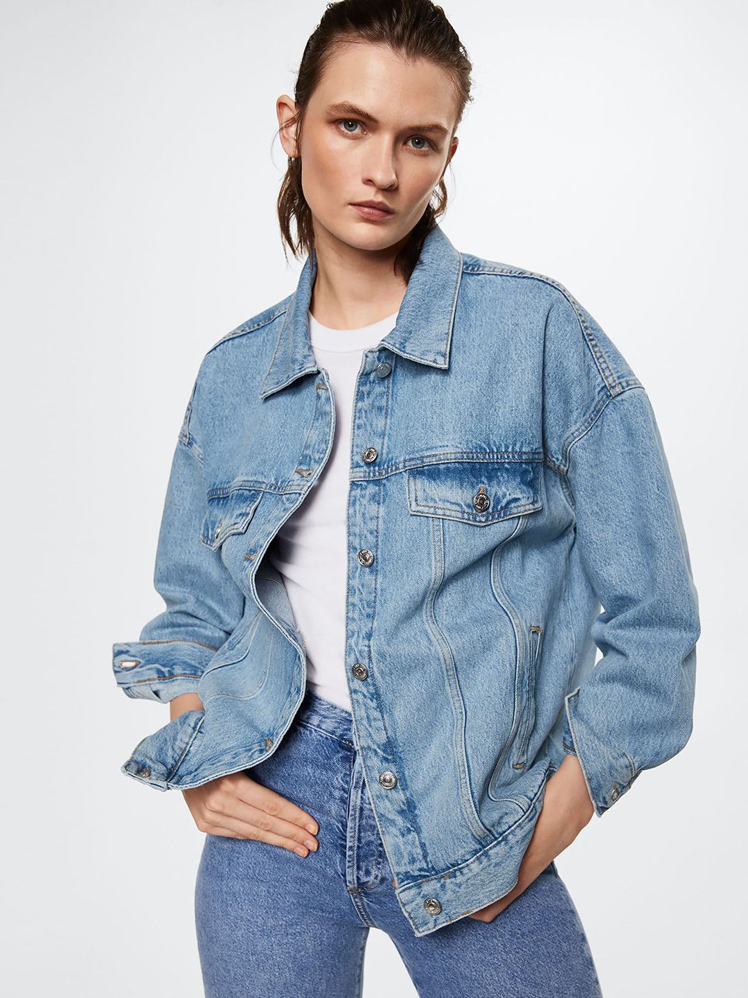 MANGO Women Blue Pure Cotton Solid Denim Jacket Price in India