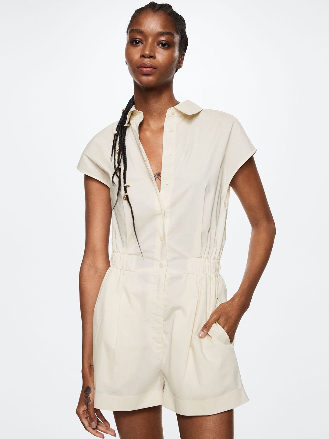 MANGO Off White Pure Cotton Solid Jumpsuit Price in India