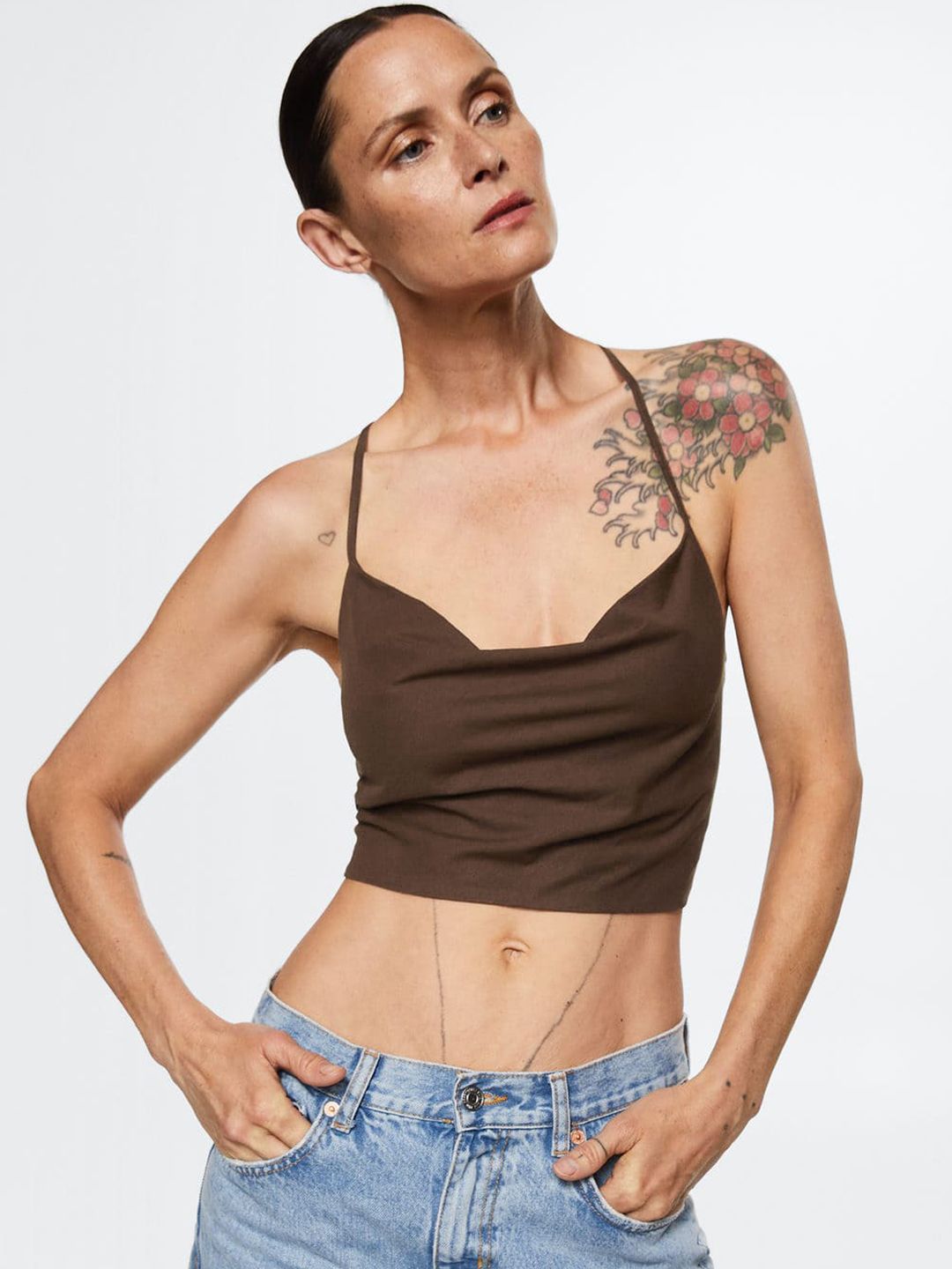 MANGO Brown Solid Cowl Neck Crop Top Price in India