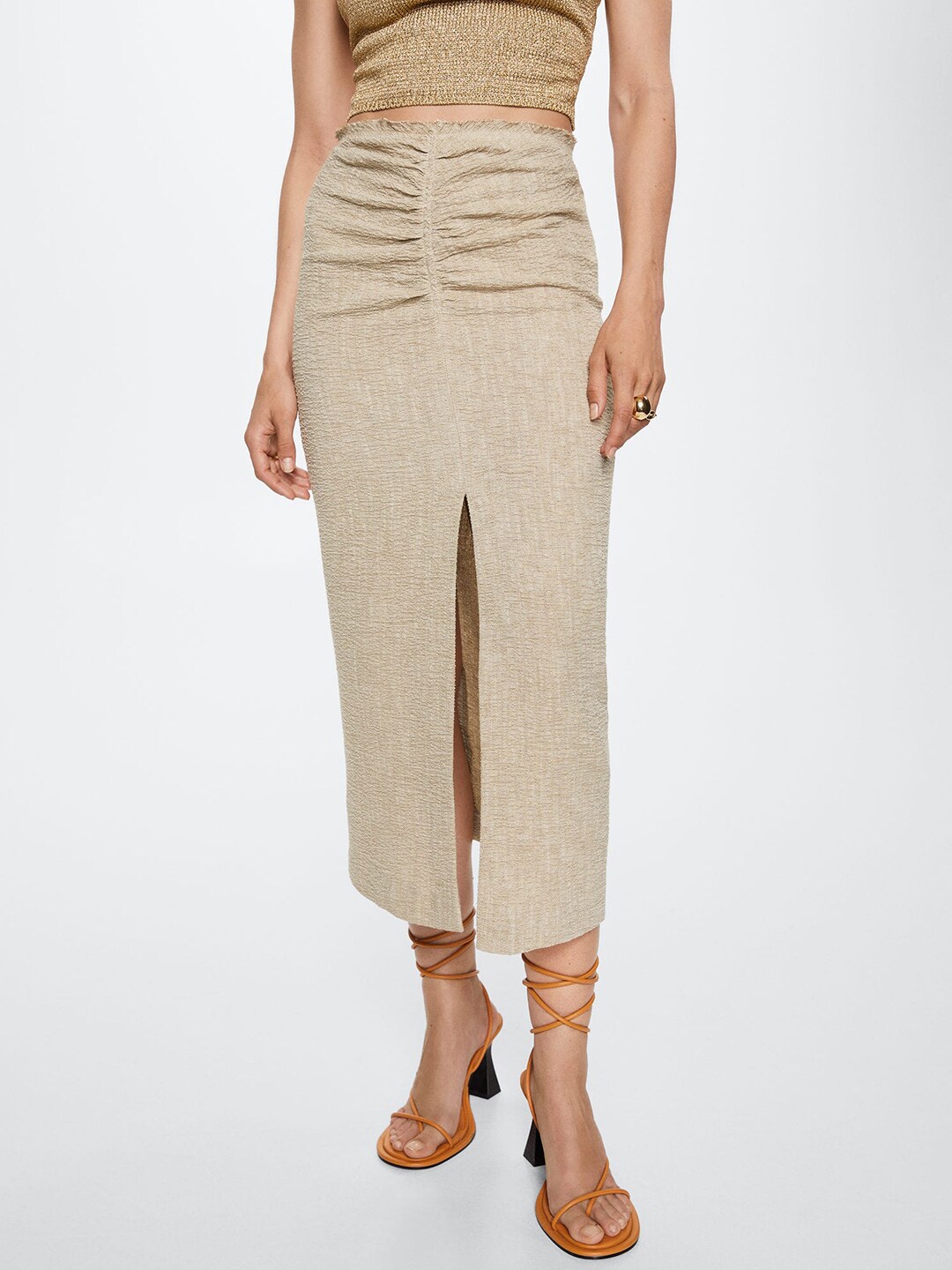 MANGO Women Beige Solid Textured Linen Pleated Front Slit Detail A-Line Skirt Price in India