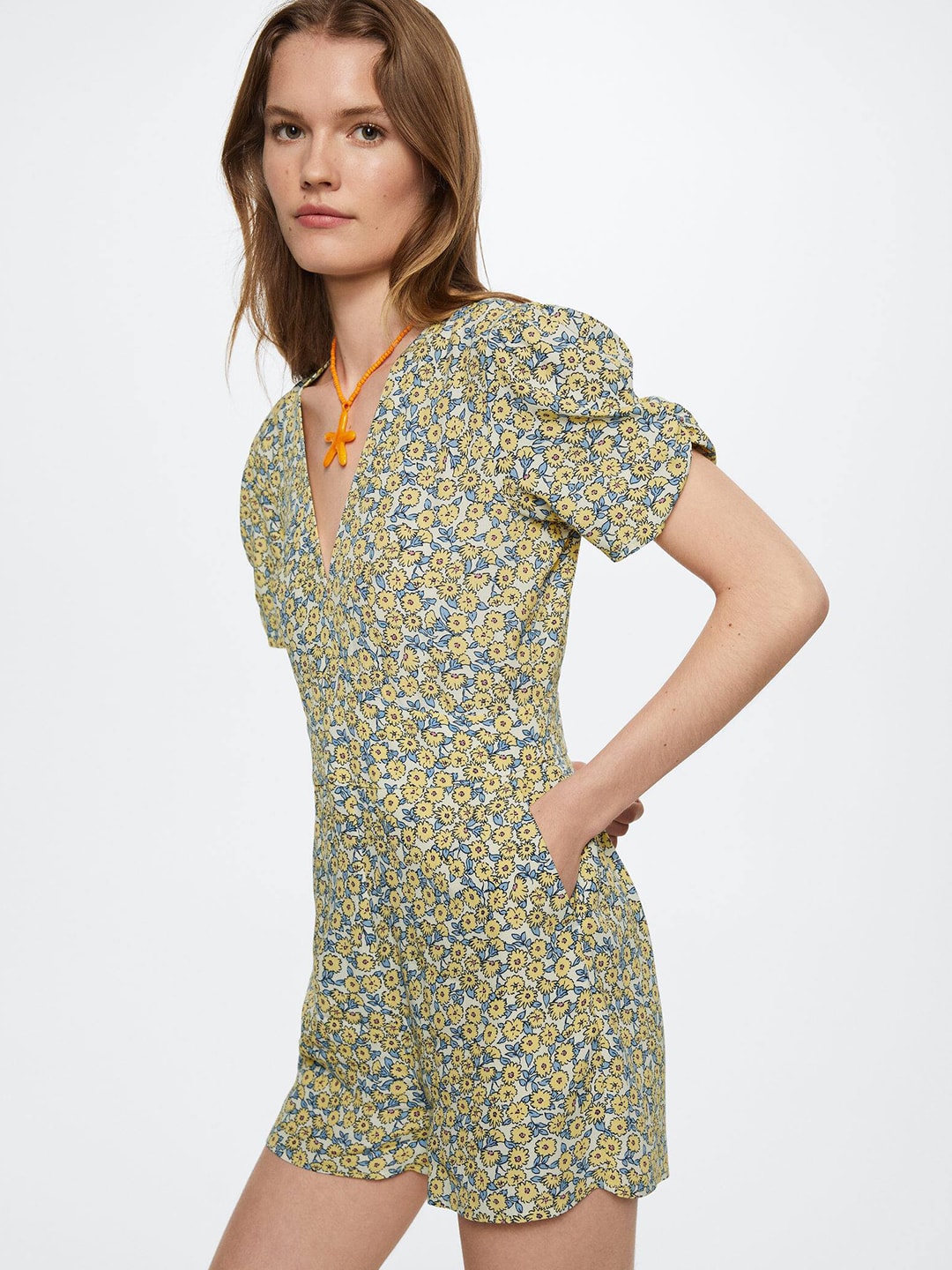 MANGO Yellow & Blue Printed Playsuit Price in India