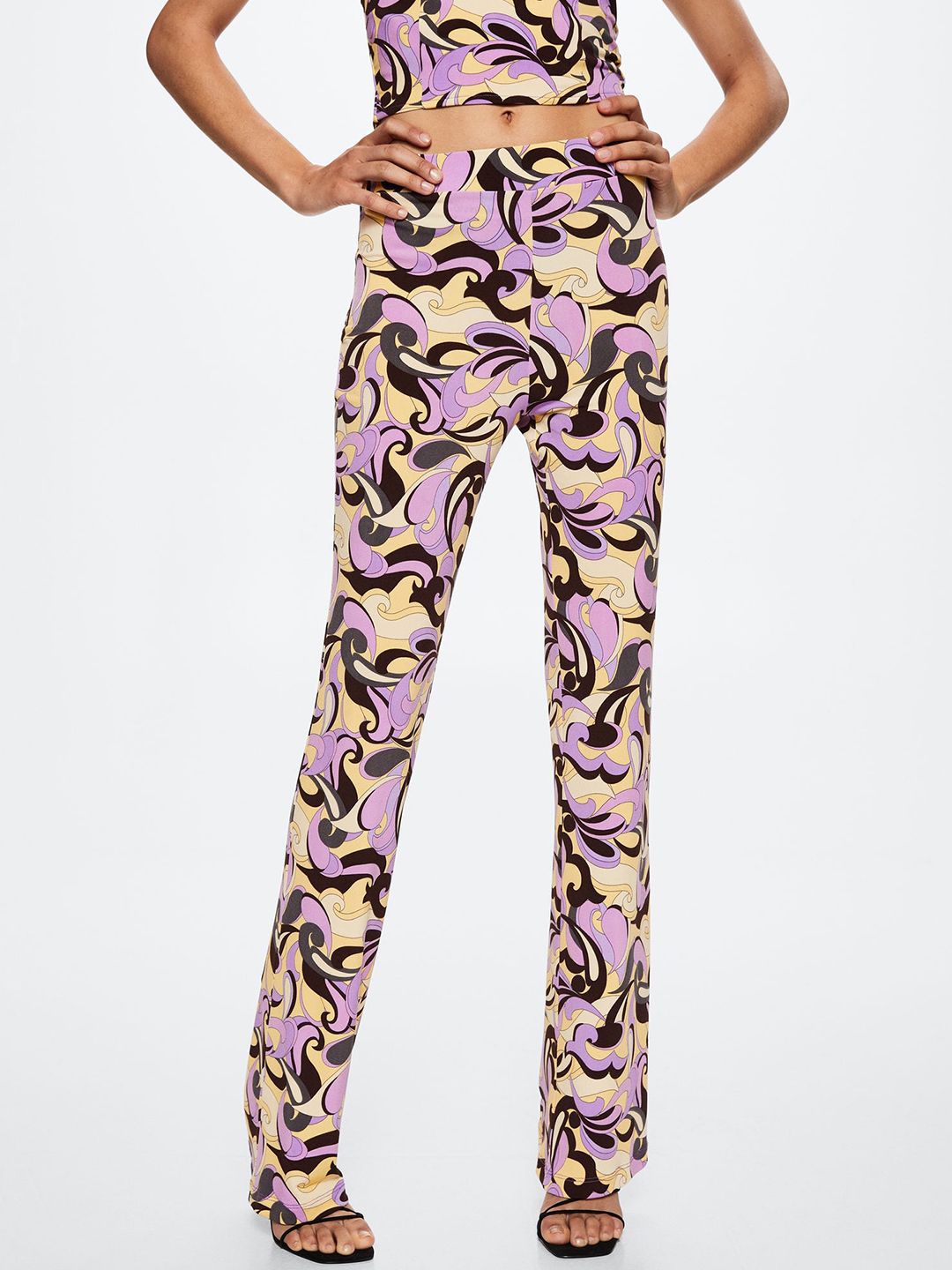 MANGO Women Lavender & Yellow Retro Print High-Rise Parallel Trousers Price in India