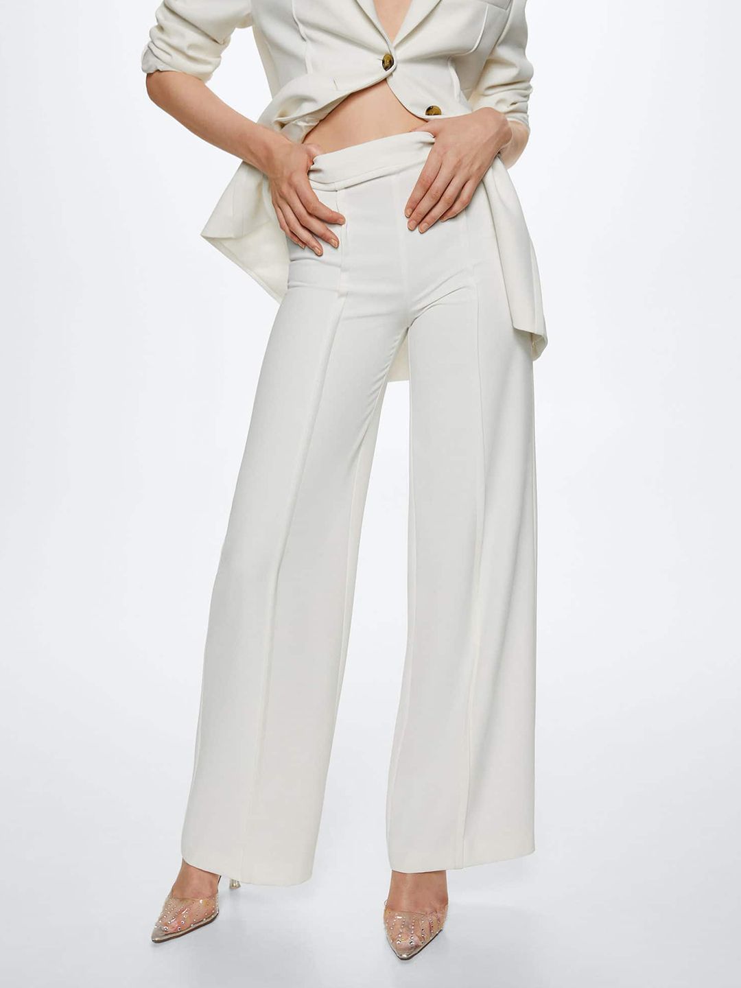 MANGO Women Off White Solid High-Rise Trousers Price in India