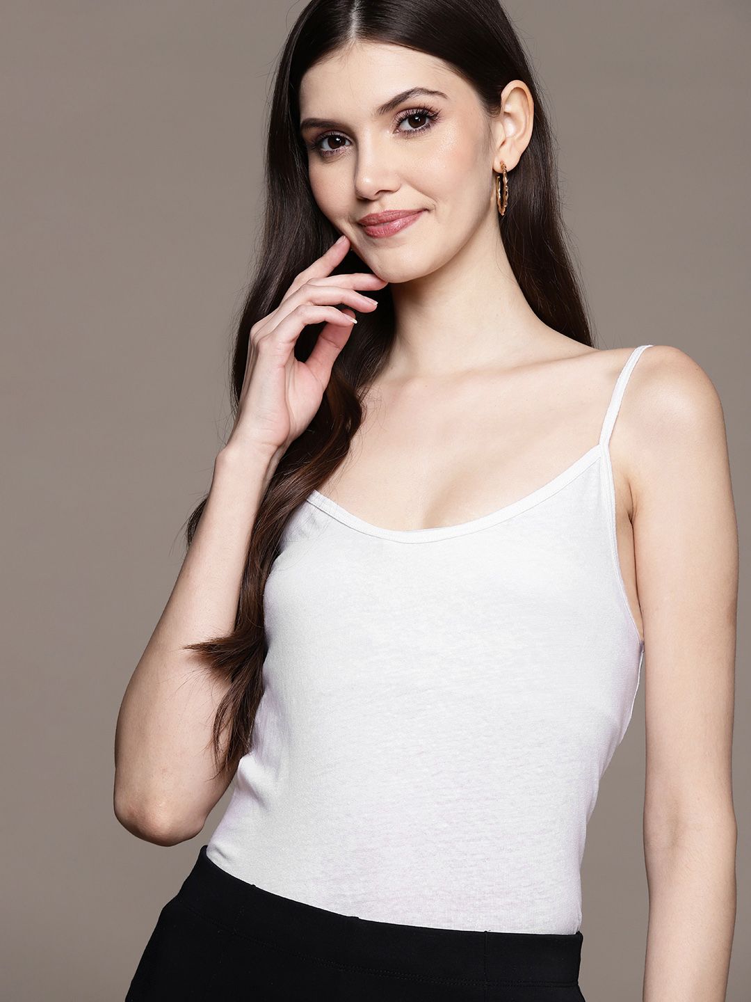 MANGO White Cotton Linen Solid Cami Top Price in India