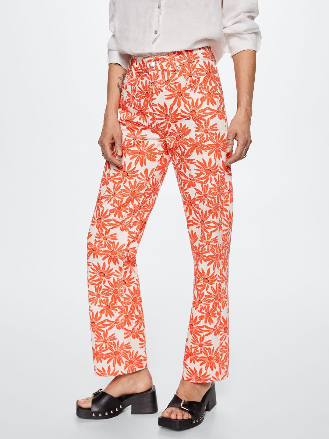 MANGO Women Off White & Rust Orange Pure Cotton Floral Printed Straight Fit Low-Rise Jeans Price in India