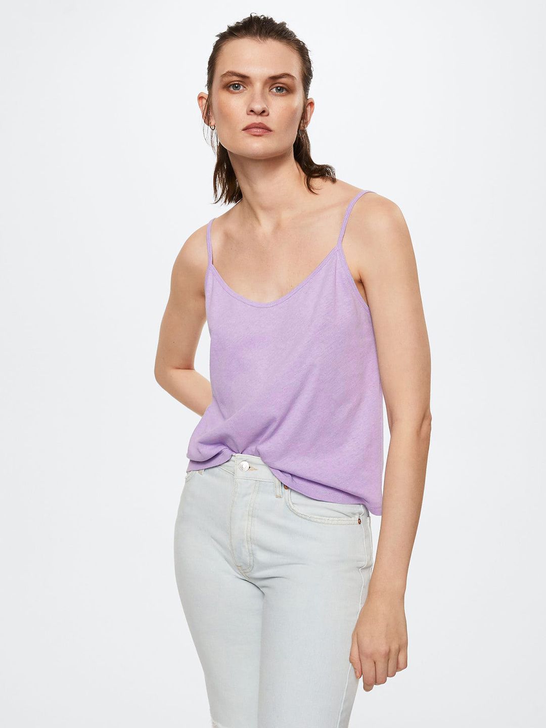 MANGO Women Lavender Solid Cotton Linen Top Price in India