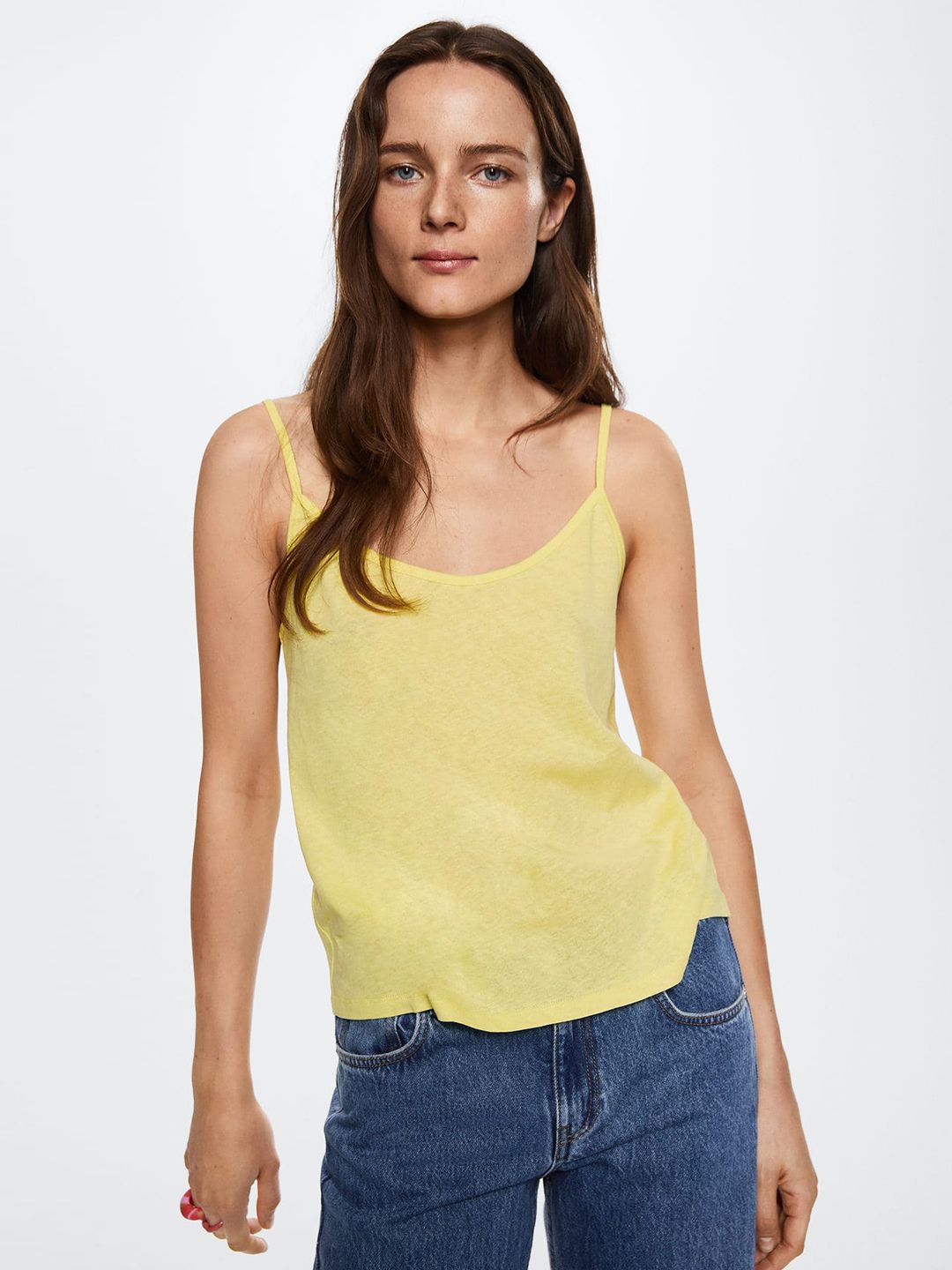 MANGO Women Yellow Solid Cotton Linen Top Price in India