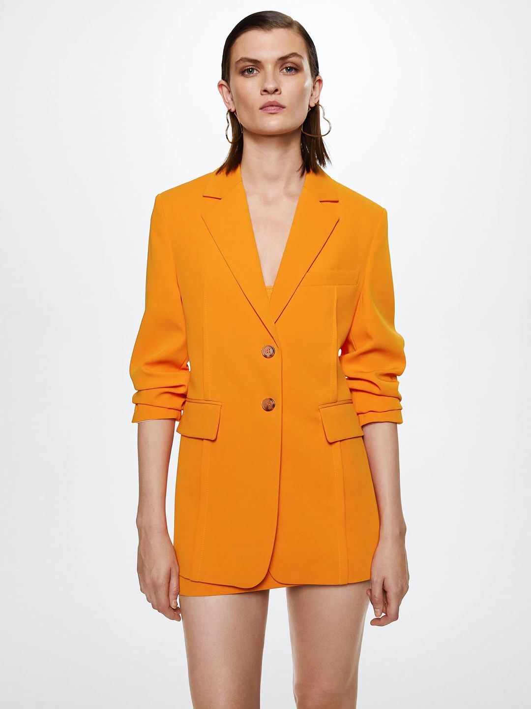 MANGO Women Orange Single-Breasted Solid Blazer Price in India