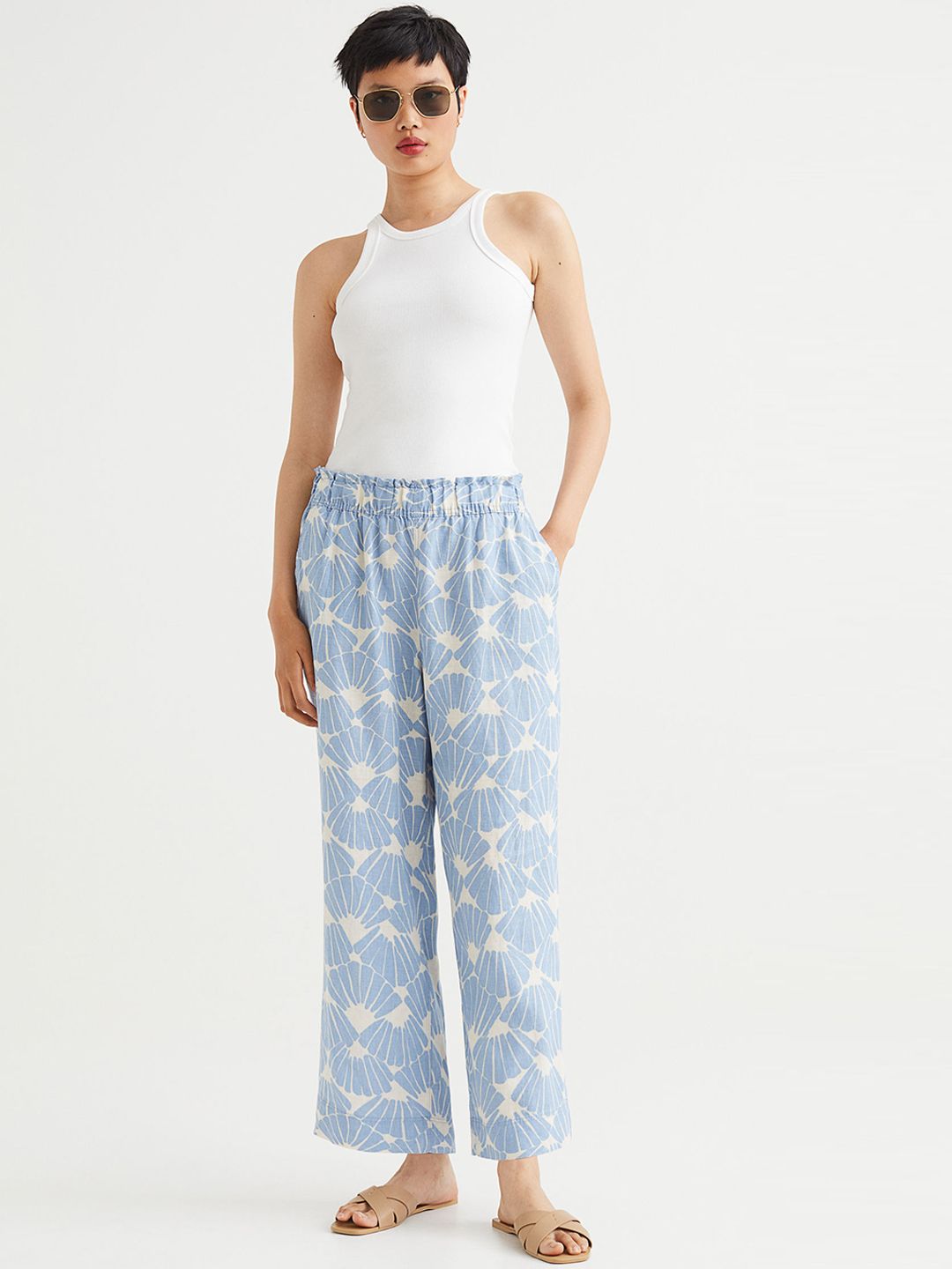 H&M Women Blue Printed Ankle-length Linen Trousers Price in India