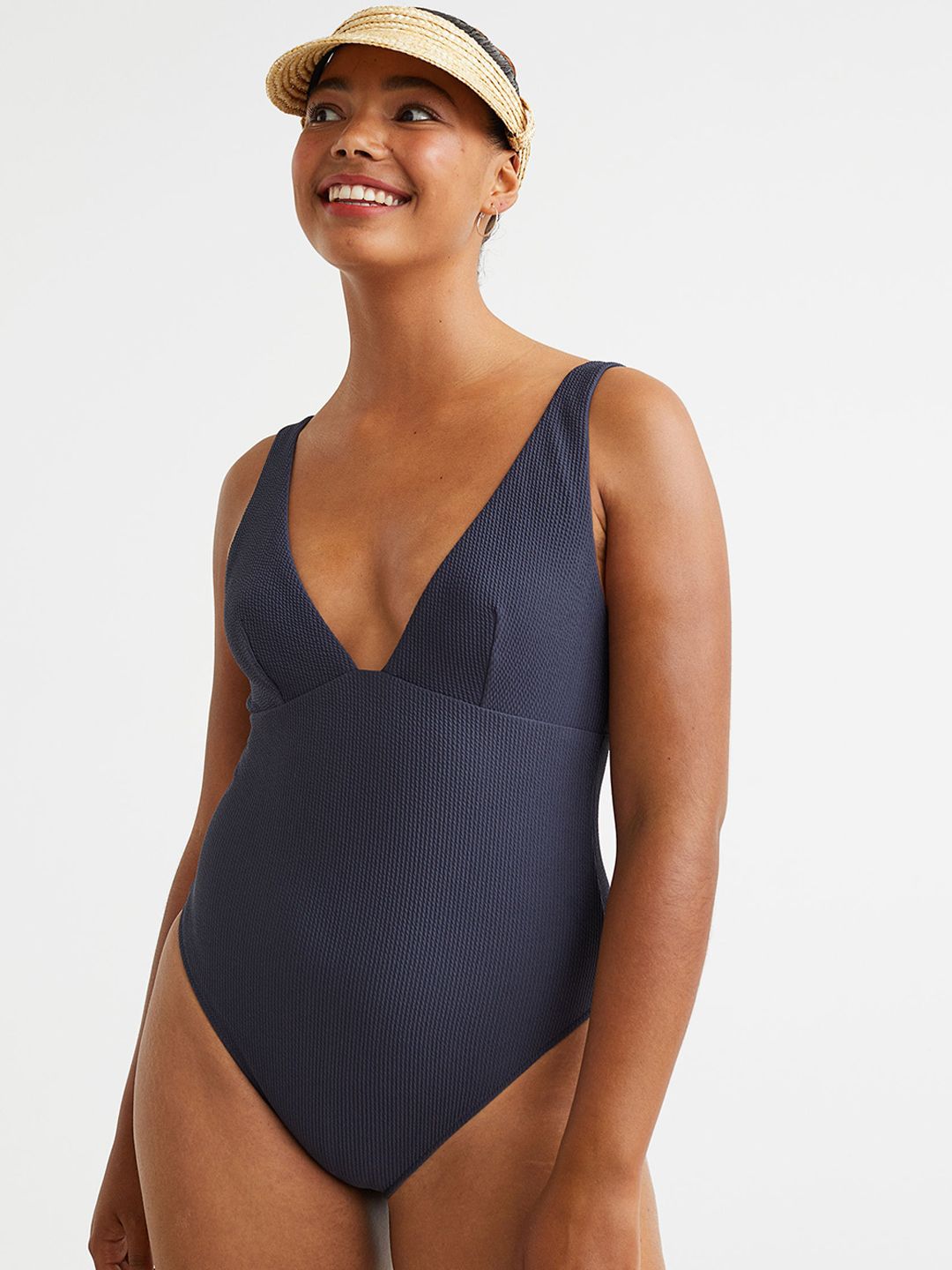 H&M Women Blue High Leg Ribbed Swimsuit Price in India