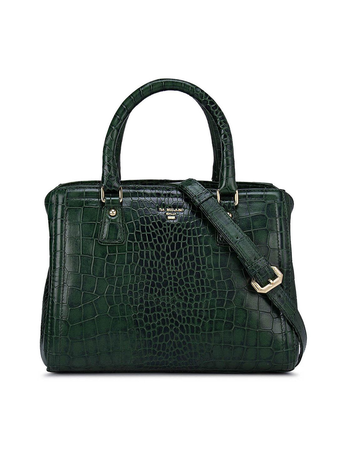 Da Milano Green Textured Leather Structured Handheld Bag with Cut Work Price in India