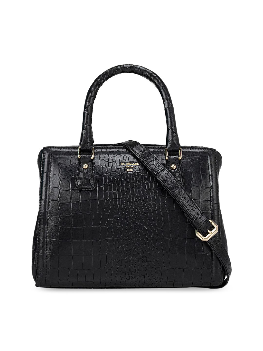 Da Milano Black Textured Leather Structured Handheld Bag Price in India