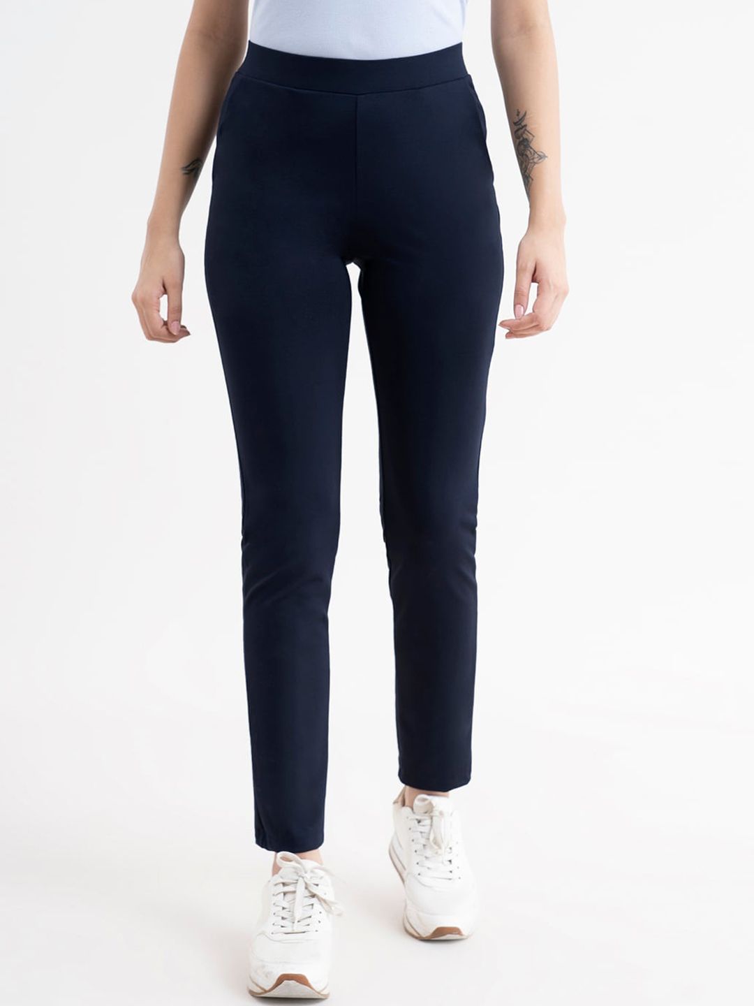 FableStreet Women Navy Blue Comfort Straight Fit High-Rise Trousers Price in India