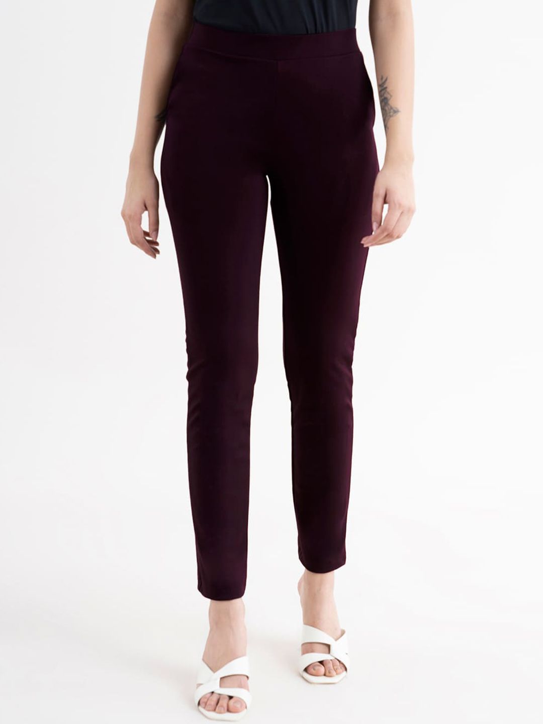 FableStreet Women Maroon Comfort Straight Fit High-Rise Trousers Price in India