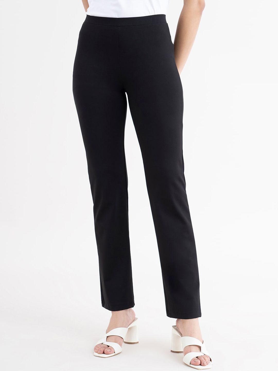 FableStreet Women Black Comfort Straight Fit High-Rise Trousers Price in India