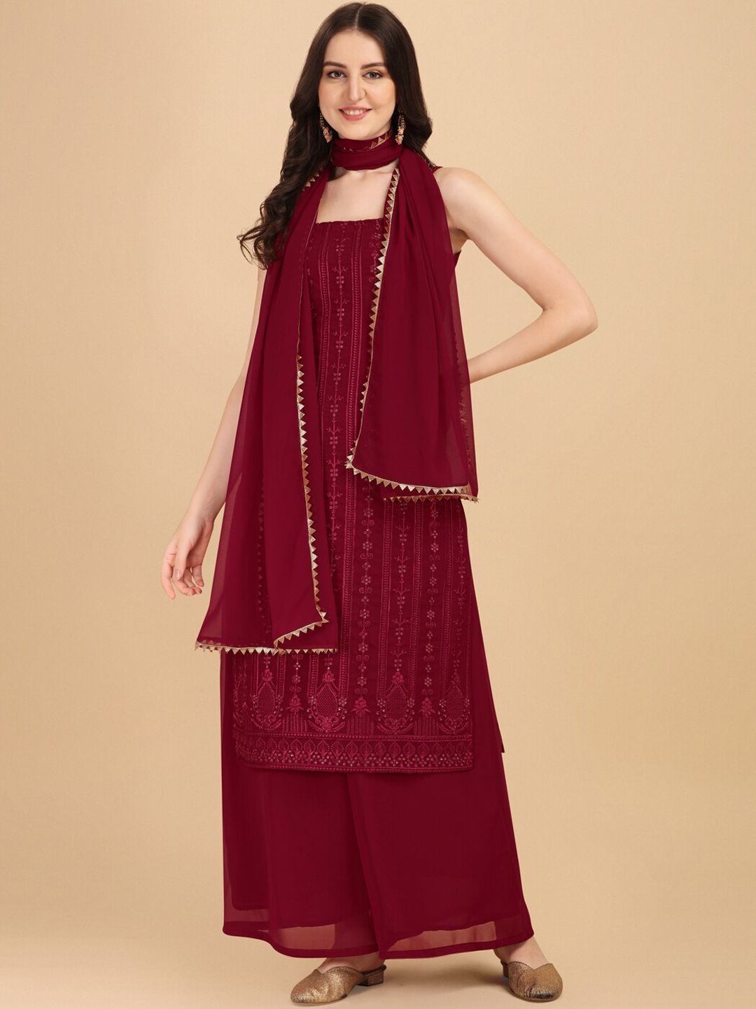 Virah Fashion Women Maroon Embroidered Sequinned Kurta with Sharara & With Dupatta Price in India