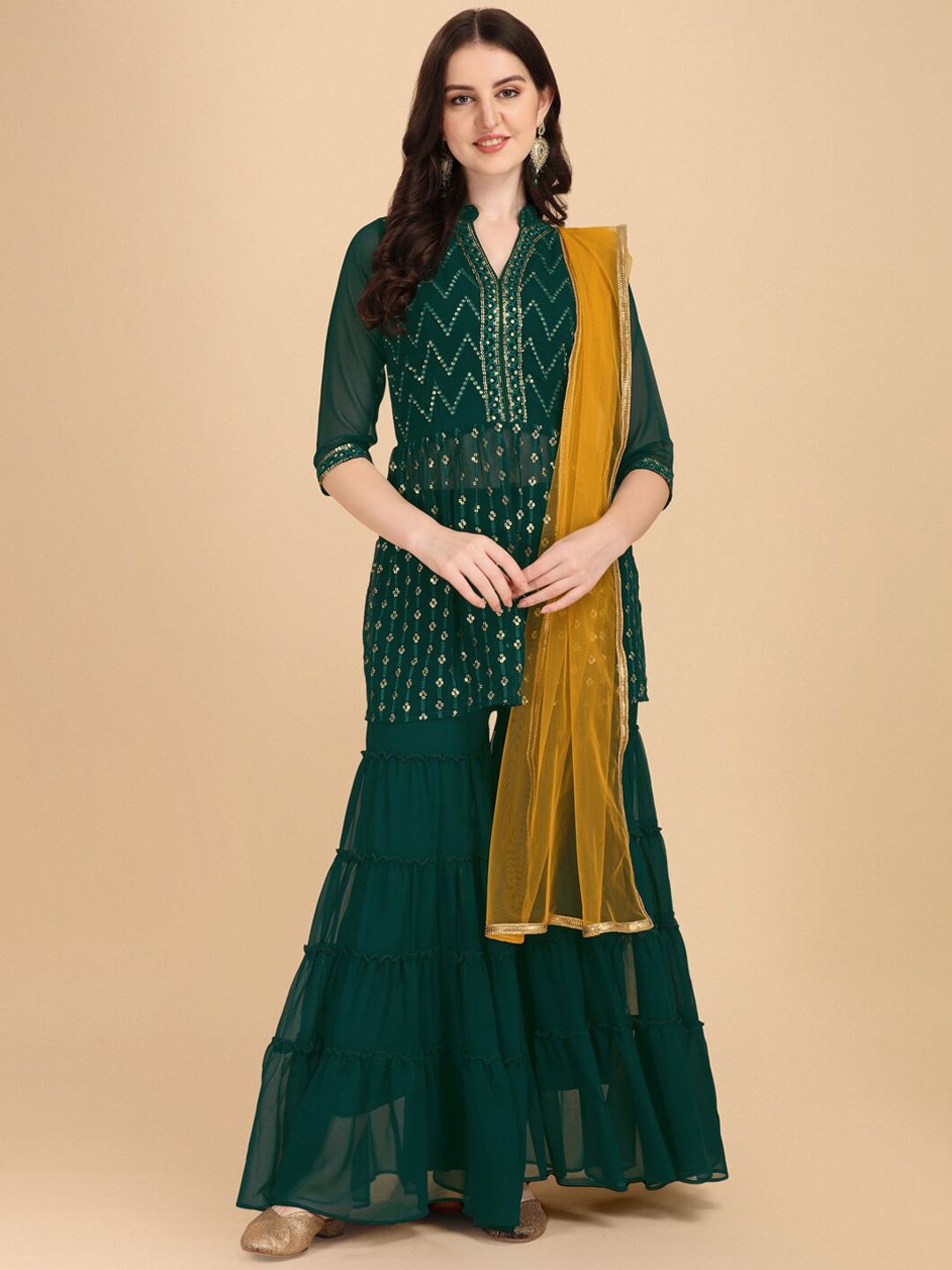 Virah Fashion Women Green High Slit Sequinned Top with Sharara & With Dupatta Price in India