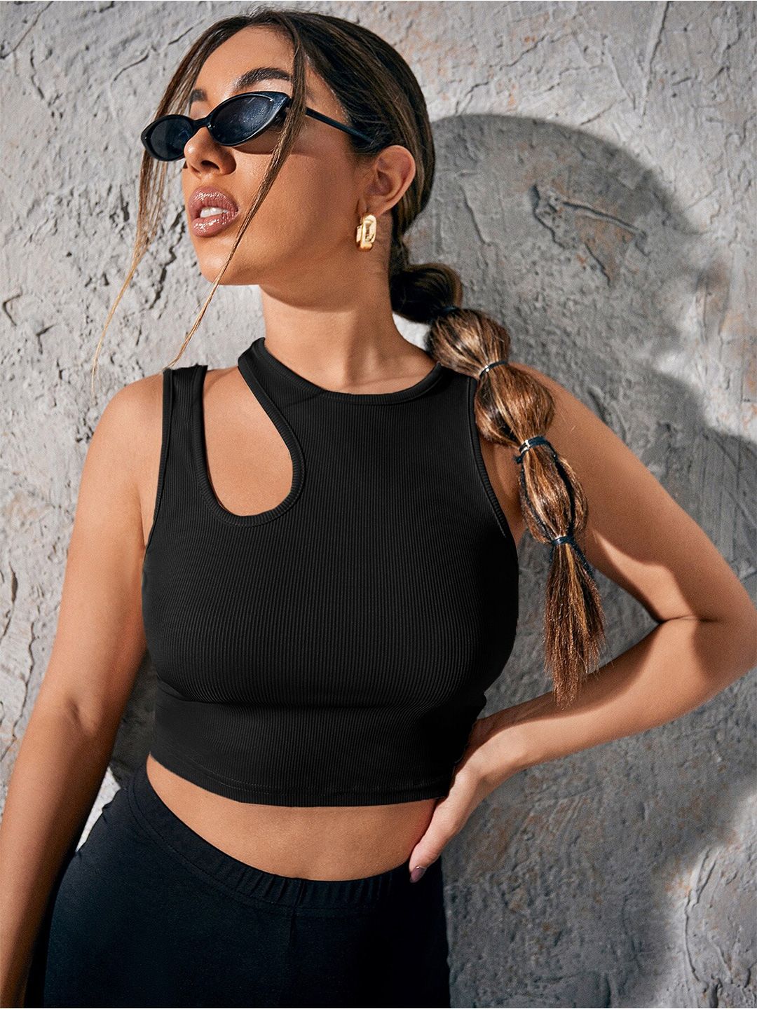AAHWAN Black Cut-out Neck Fitted Crop Top Price in India