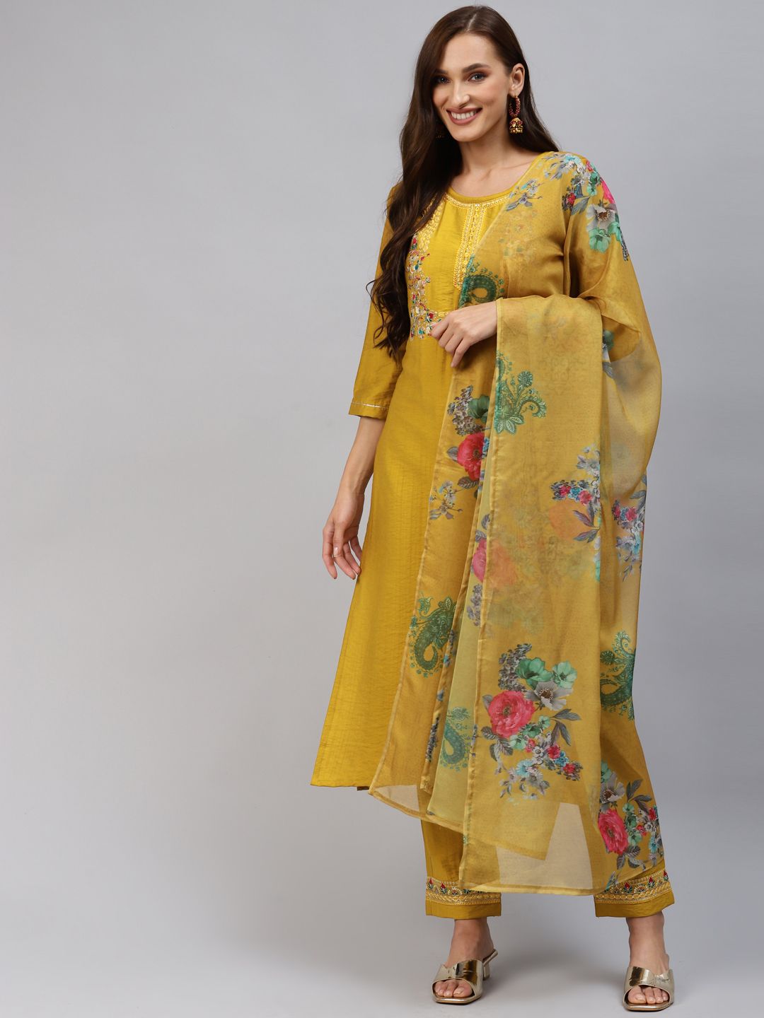 SheWill Women Mustard Yellow Floral Embroidered Zardozi Kurta with Trousers & With Dupatta Price in India