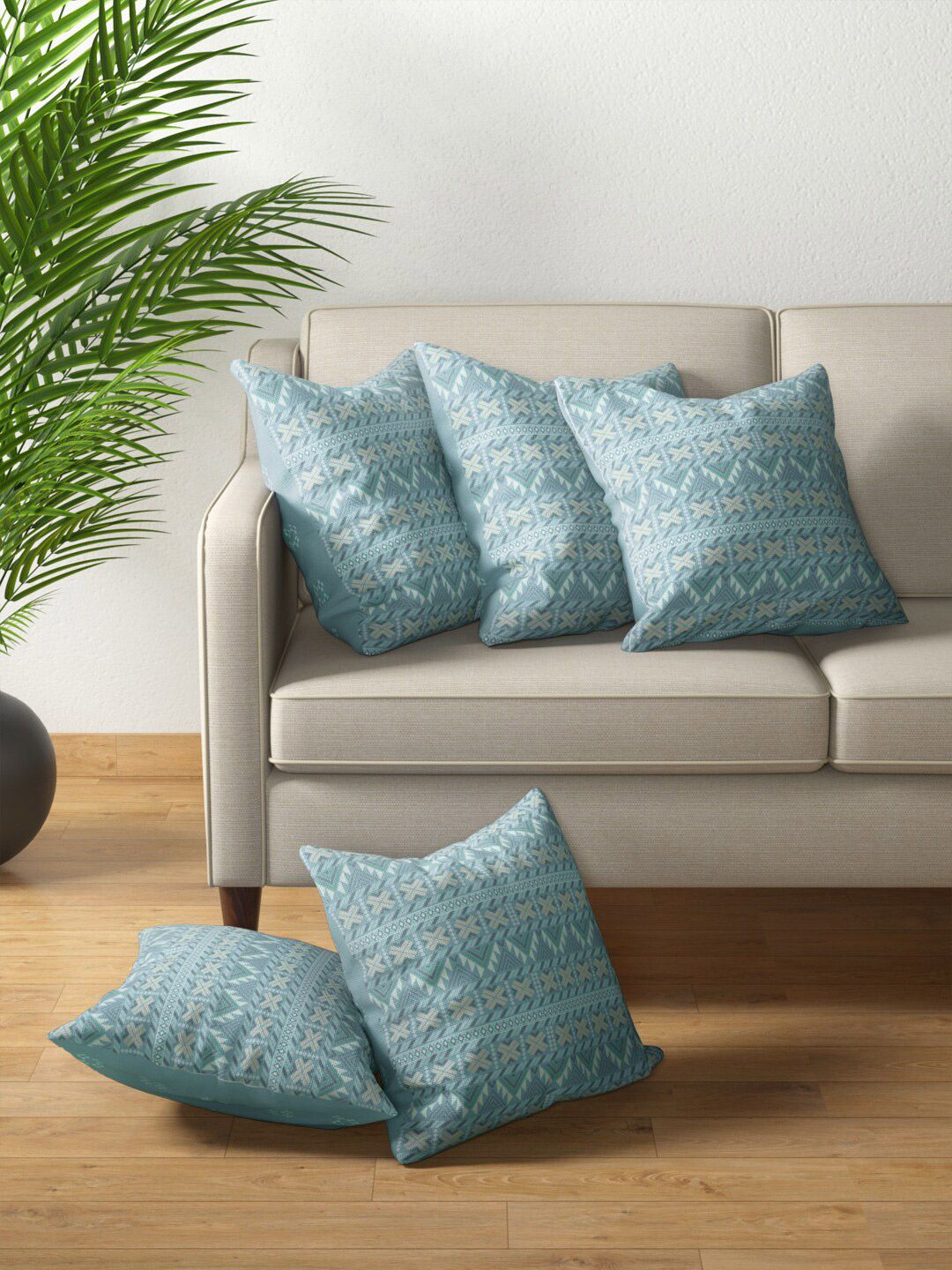PETAL HOME Blue & White Set of 5 Ethnic Motifs Square Cushion Covers Price in India