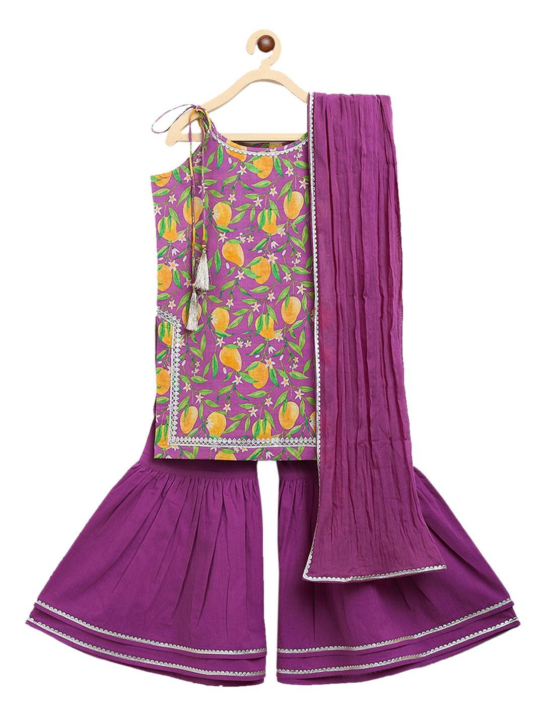 Tiber Taber Girls Purple Floral Printed Pure Cotton Kurta with Sharara & With Dupatta deal from myntra