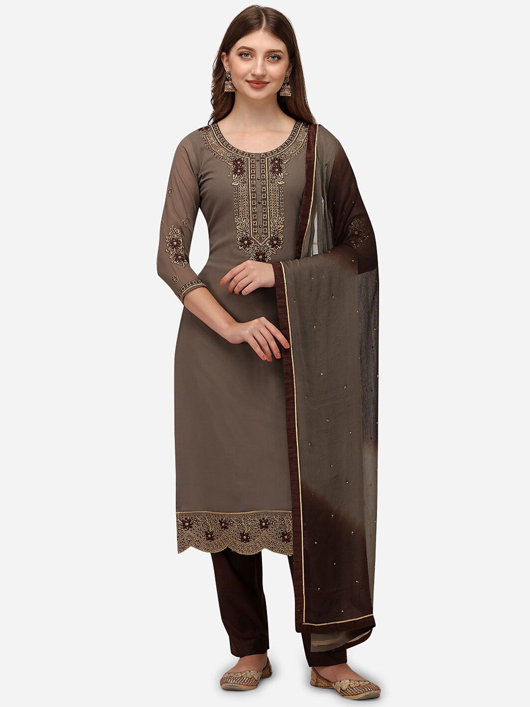 Sarvayog Fashion Grey & Brown Embroidered Unstitched Dress Material Price in India