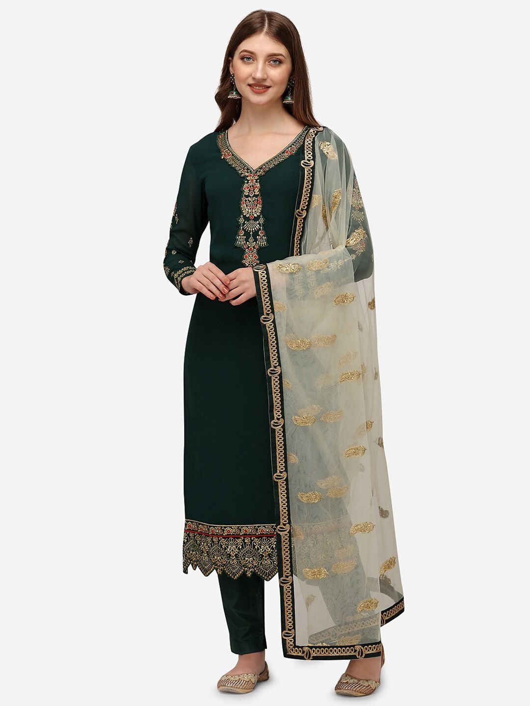 Sarvayog Fashion Women Green & Gold Embroidered Unstitched Dress Material Price in India