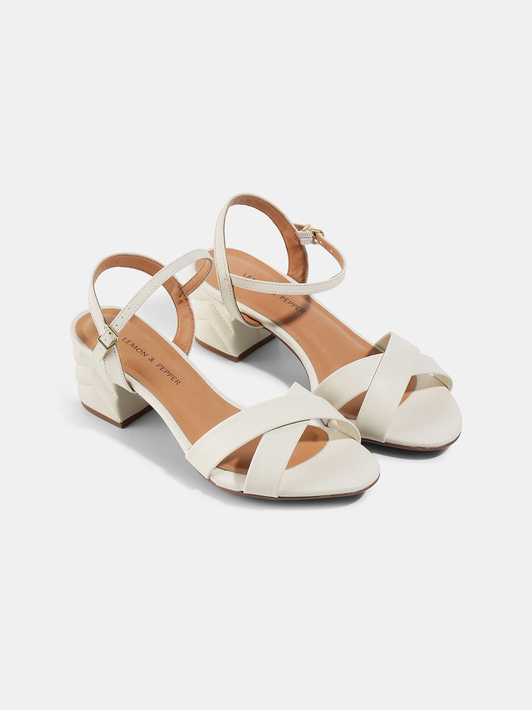 LEMON & PEPPER Off White PU Block Sandals with Buckles Price in India