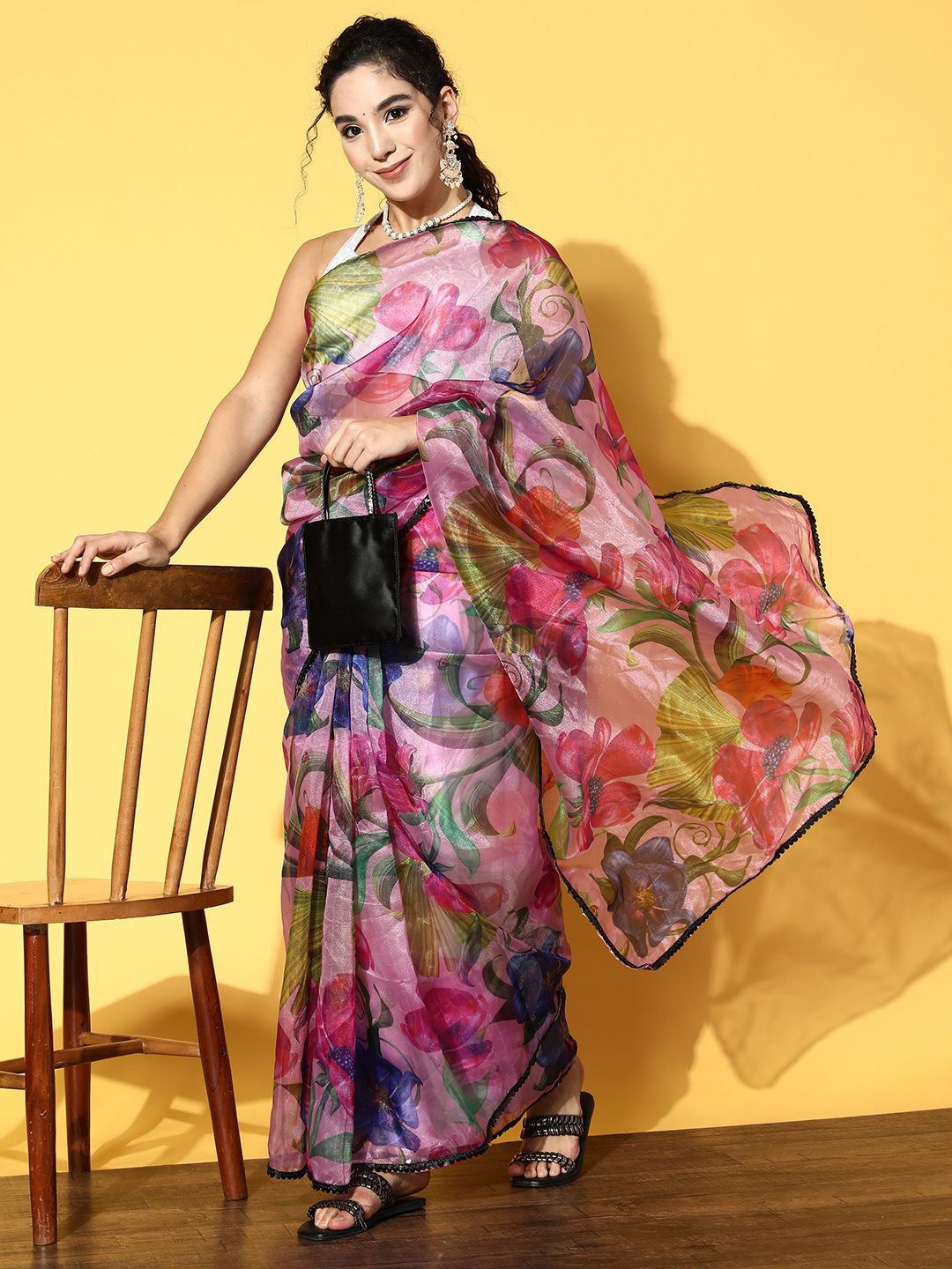Tikhi Imli Pink & Blue Floral Organza Saree Price in India