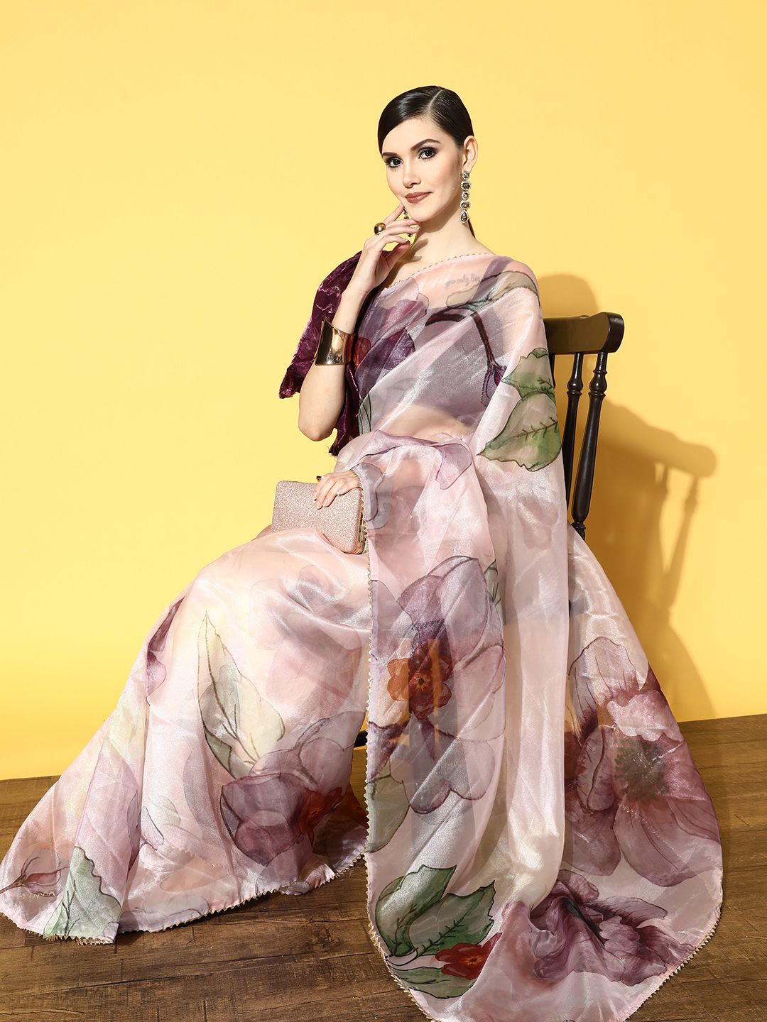 Tikhi Imli Pink & Mauve Floral Organza Saree Price in India